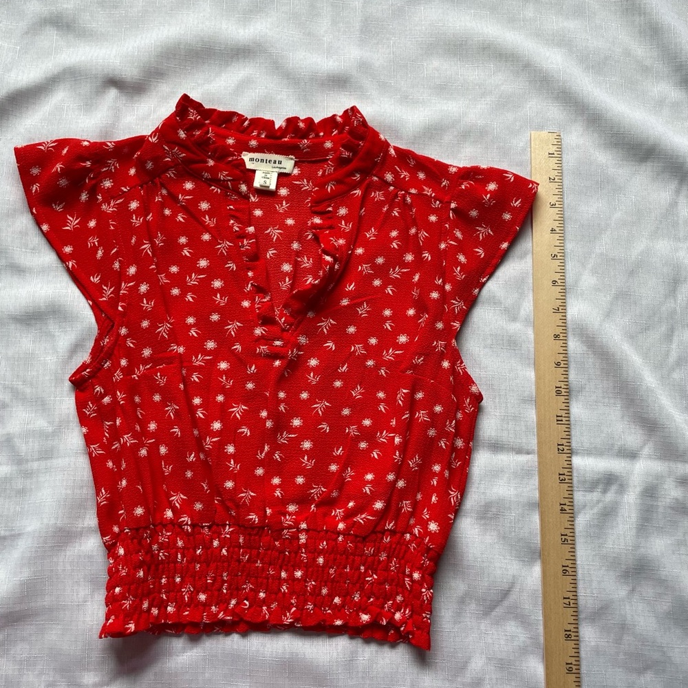 Monteau Red Floral, Ruffle Cap Sleeve Blouse  Sz Small